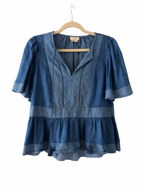 kate spade Tops - Kate Spade Blue Denim Peplum Blouse Tassel Tie V-Neck Flutter Sleeve Top